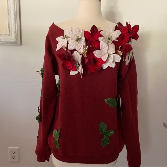 Upcycled Ugly Christmas Sweatshirt Poinsettia Red - Picture 3 of 7